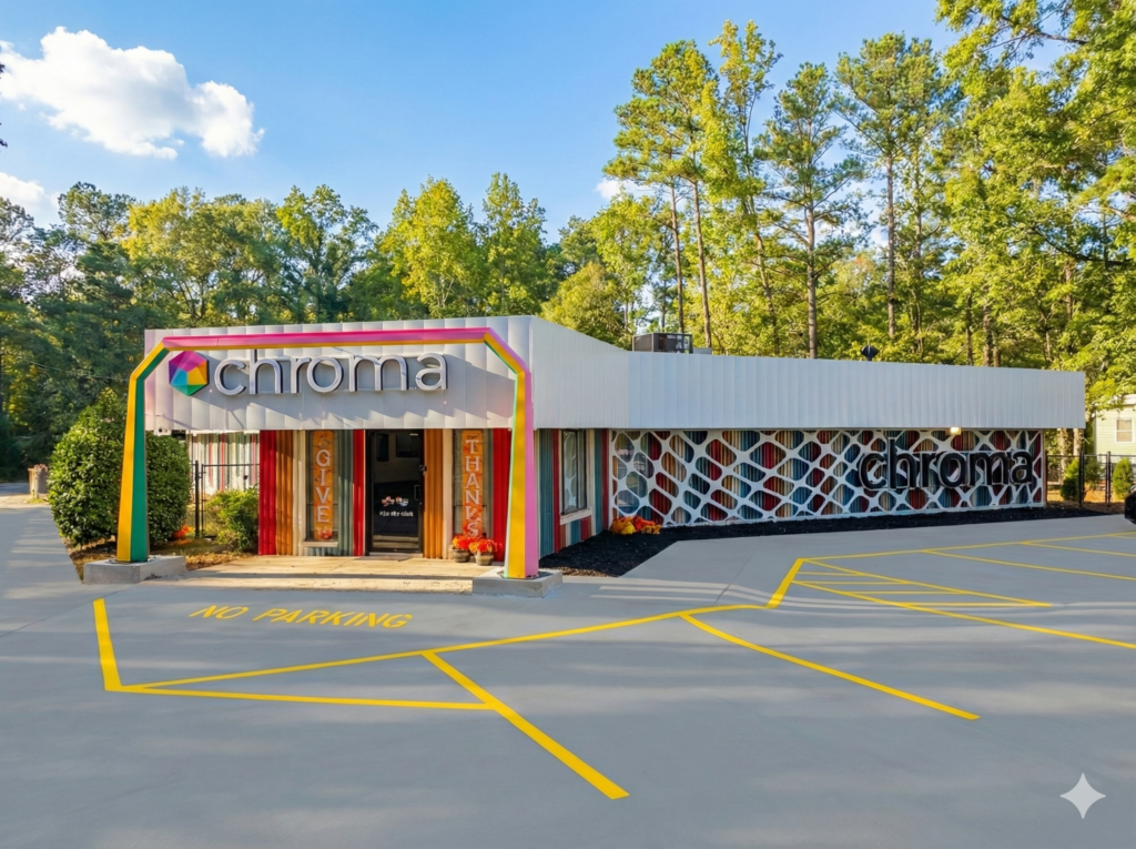 Chroma Early Learning Academy building exterior with colorful signage, surrounded by greenery and a no parking area, located in Marietta, GA.