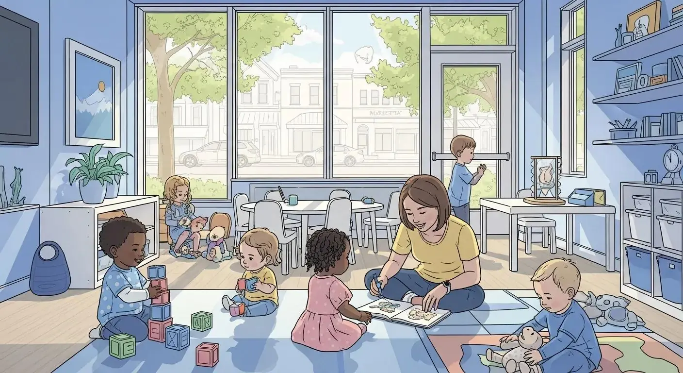 Toddler care environment at Chroma Early Learning Academy, featuring children engaging in play activities, a caregiver reading, and bright, inviting classroom decor.