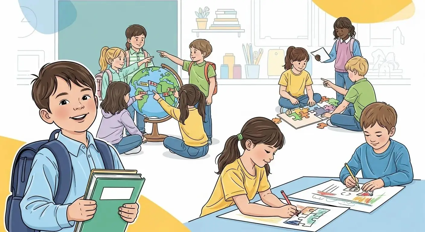 Children engaging in collaborative learning activities in a classroom, including a globe discussion, puzzle-solving, and drawing, highlighting kindergarten readiness and social development for pre-K programs in Marietta, GA.