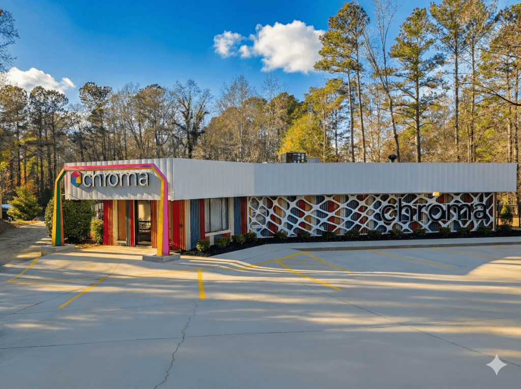 Chroma Early Learning Academy West Cobb Campus building exterior with colorful signage and modern architectural design, surrounded by trees and a clear blue sky.