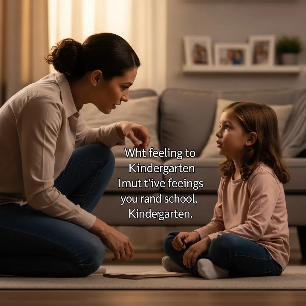 Parent and child engaged in a supportive conversation about feelings related to the transition to kindergarten, emphasizing emotional expression and readiness.