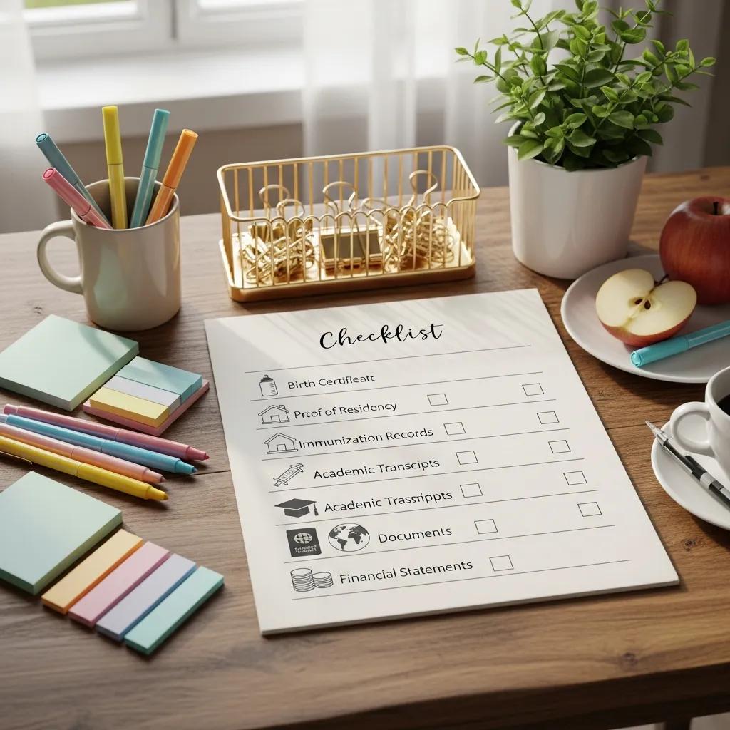 Checklist for daycare registration with items like birth certificate, proof of residency, immunization records, and academic transcripts, surrounded by stationery and a plant on a wooden table.