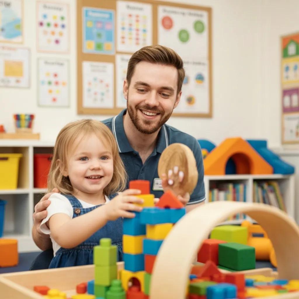 Caregiver interacting with a child in a preschool setting, highlighting the importance of staff qualifications and engaged learning through play with colorful building blocks.
