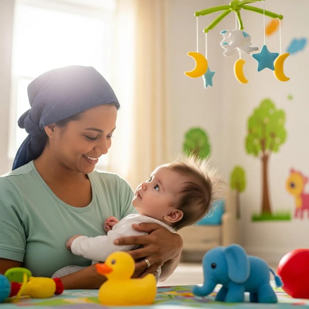 Caregiver nurturing an infant in a colorful childcare setting, emphasizing emotional security with toys and a mobile in the background.