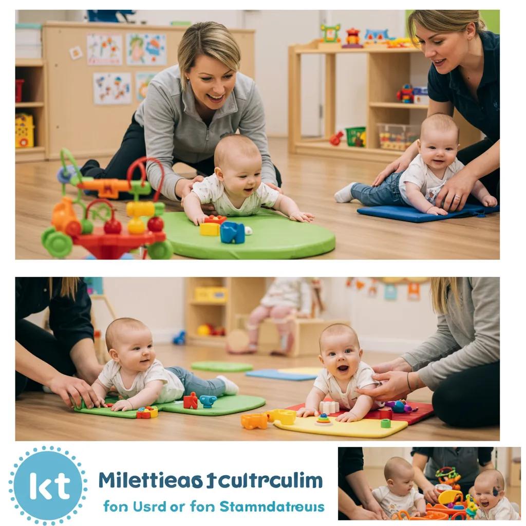 Caregivers engaging infants in milestone-based activities, promoting developmental progress in a nurturing early learning environment.