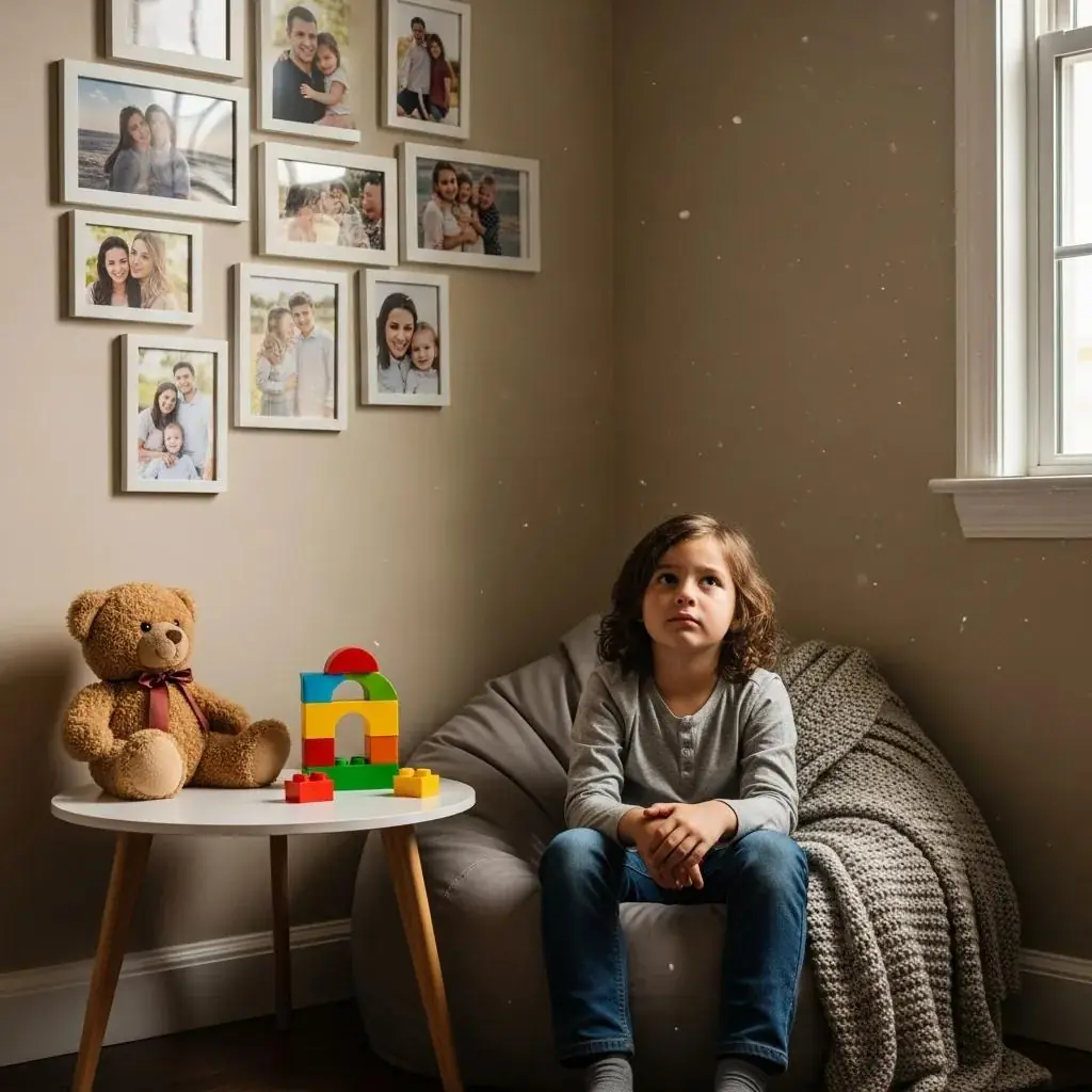 Child sitting in a cozy corner, looking contemplative, surrounded by family photos, a teddy bear, and colorful building blocks, illustrating emotional responses to family changes.