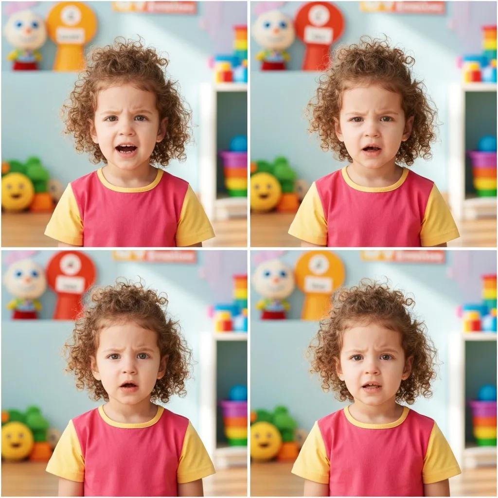 Child expressing various emotions with puppets in a preschool setting, illustrating emotional readiness and engagement in early learning activities.