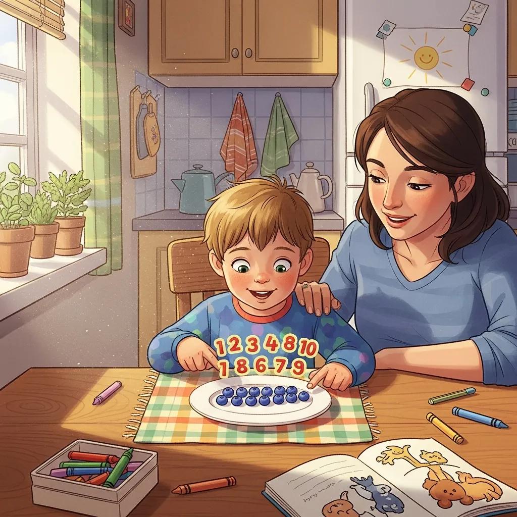 Child practicing counting skills with a parent in a nurturing kitchen setting, using numbered counting toys and blueberries to enhance early numeracy skills, supporting kindergarten readiness.