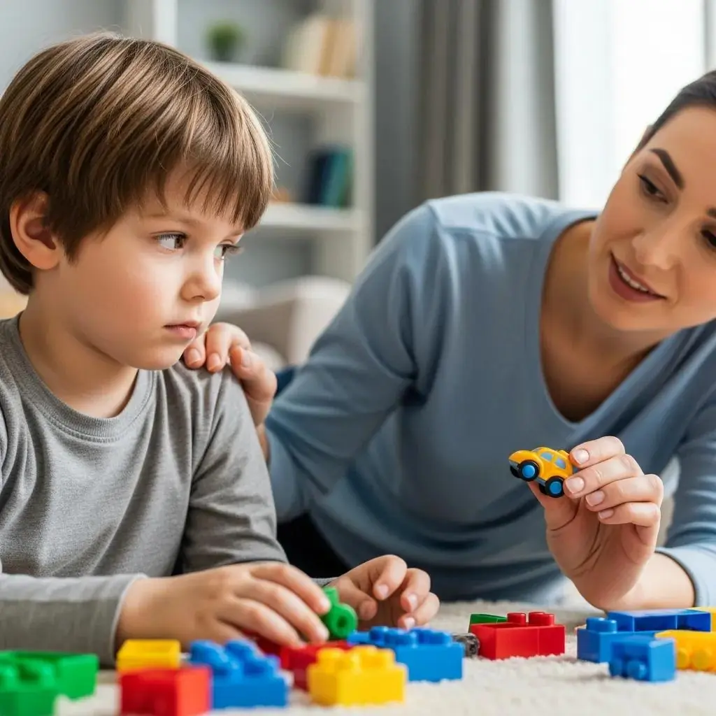 Child showing limited eye contact while playing with colorful building blocks, accompanied by a caregiver engaging him with a toy car, illustrating behavioral indicators of Autism Spectrum Disorder (ASD) in a supportive learning environment.