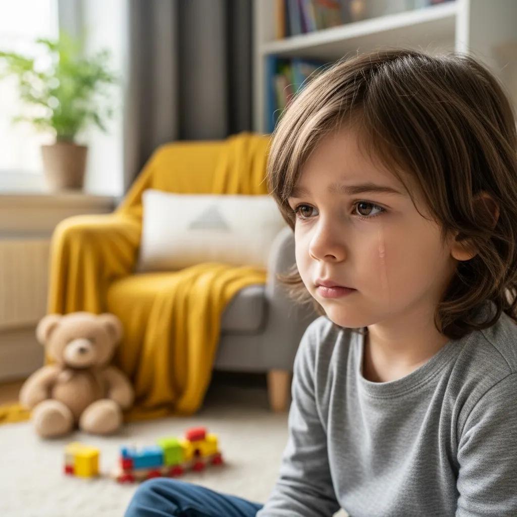 Child showing signs of anxiety in a nurturing environment, with a tear on his cheek, sitting on the floor surrounded by toys, a cozy couch with a yellow blanket in the background.