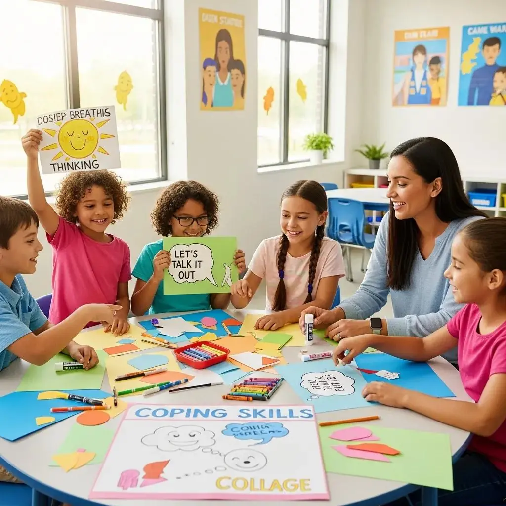 Children collaborating in a classroom, engaging in group activities to learn coping skills, with signs displaying "LET'S TALK IT OUT" and "DOSIEP BREATHS THINKING," surrounded by colorful materials promoting emotional regulation and problem-solving.