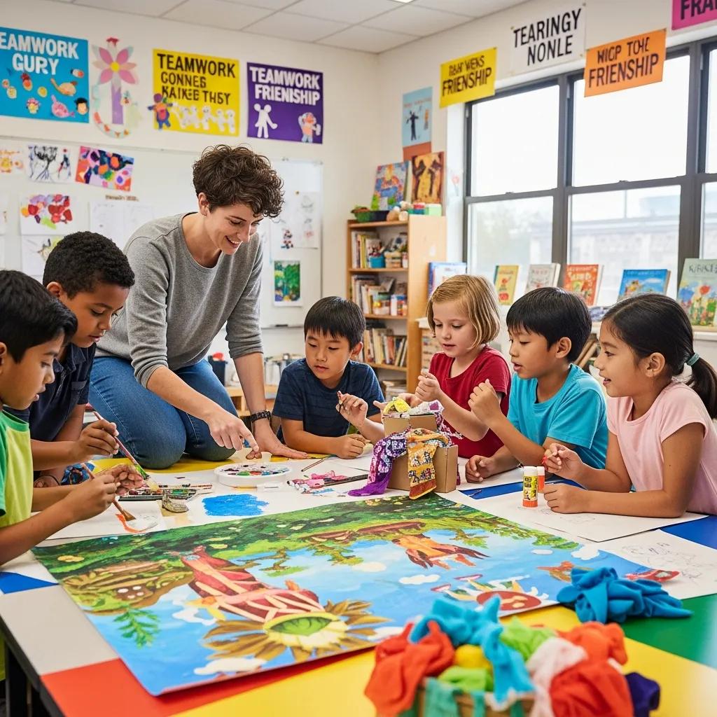 Children collaborating on a creative project under adult guidance in an after-school program, engaging in hands-on activities that promote teamwork and artistic expression.