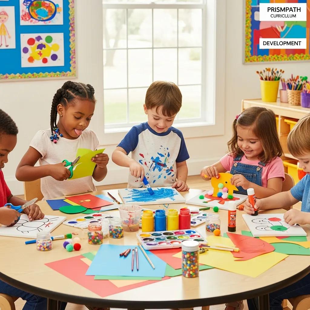 Children engaged in creative arts and crafts session, using scissors, paint, and colorful materials, highlighting the Prismpath™ curriculum's focus on creative development at Rivergreen Campus.