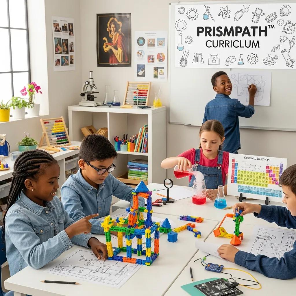 Children engaged in hands-on STEAM activities, building structures with colorful blocks, conducting experiments with beakers, and participating in creative learning at Chroma Academy, highlighting the Prismpath™ curriculum.