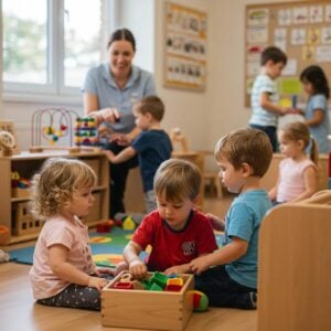Children engaged in a playful learning environment showcasing quality early childhood education