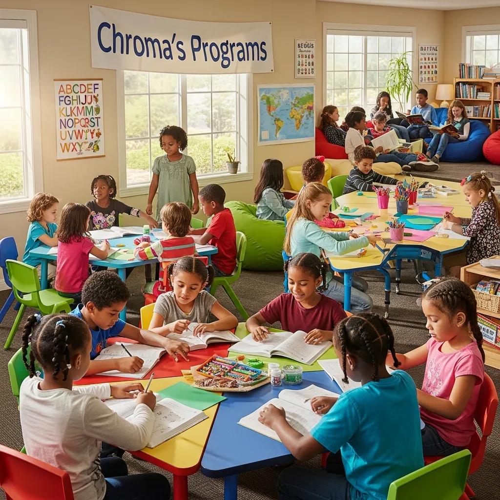 Children engaged in after-school programs at Chroma, working on homework and enrichment activities, with colorful tables, art supplies, and a supportive learning environment.