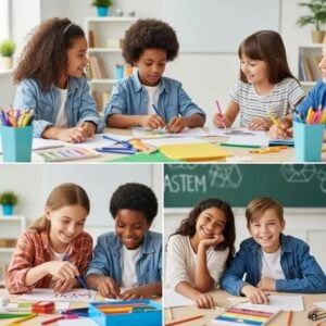 Children engaged in an after-school program, collaborating on a STEM project in a bright classroom