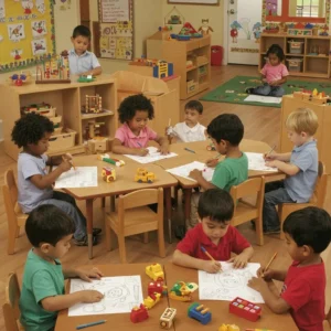 Children engaged in early childhood assessment activities, coloring and playing with toys in a vibrant classroom at Chroma Early Learning Academy, supporting preschool education for Georgia Pre-K Lottery Program.