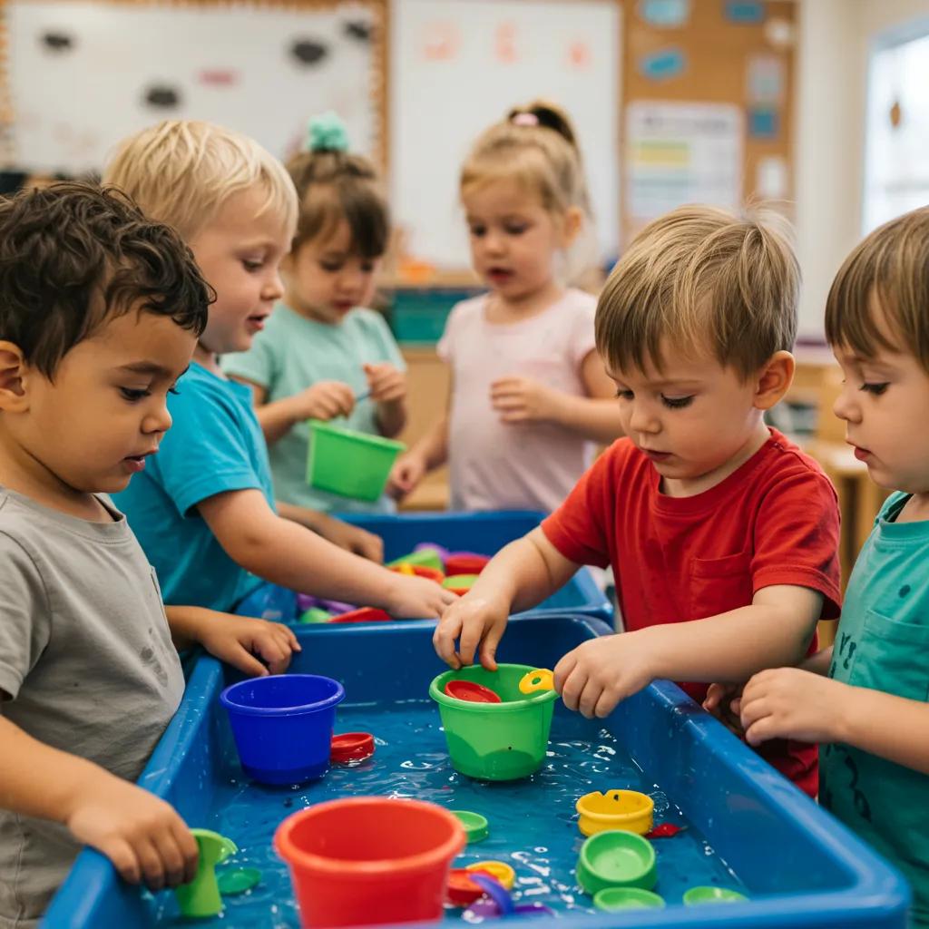Children engaged in water play with colorful cups and toys, exploring concepts of measurement and cause-effect in a play-based learning environment.