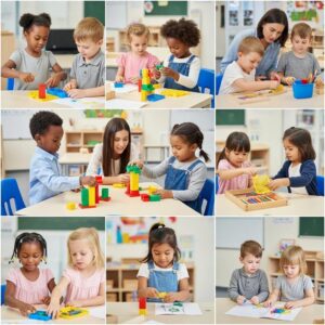 Children engaged in play-based learning activities in a colorful classroom setting