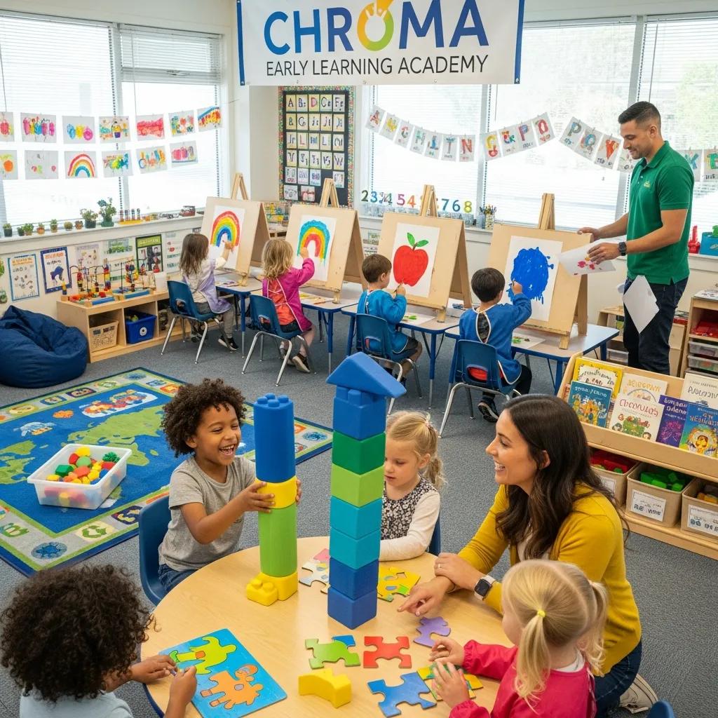 Children engaged in play-based learning at Chroma Early Learning Academy, building with blocks and solving puzzles in a vibrant classroom environment, emphasizing social-emotional skills and fine motor development.