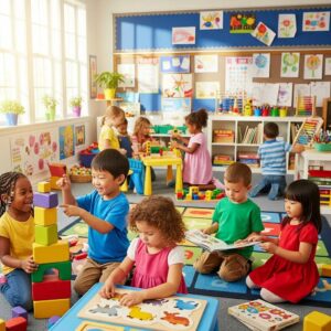 Children engaged in playful learning activities at a preschool, highlighting a nurturing environment