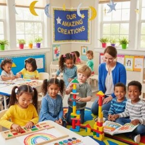 Children engaged in playful learning activities at a preschool, showcasing a nurturing educational environment