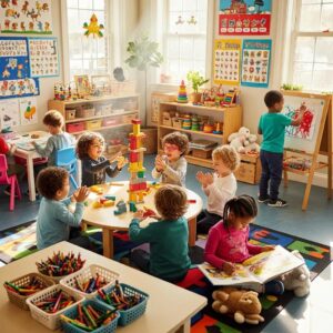 Children engaged in playful learning activities in a colorful classroom, representing the importance of childcare accreditation