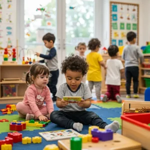 Children engaged in playful learning activities in a colorful early childhood education classroom at Chroma Early Learning Academy, promoting toddler development and school readiness.