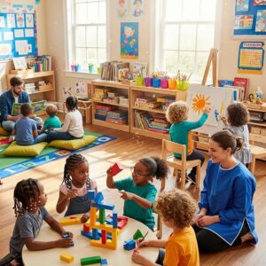 Children engaged in playful learning activities in a vibrant classroom, showcasing quality childcare