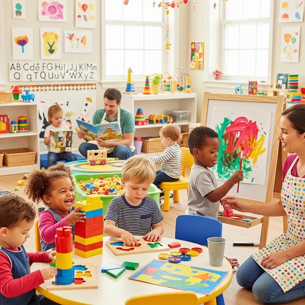 Children engaged in playful learning activities at Chroma Early Learning Academy, including building blocks, painting, and puzzles, with a teacher guiding them, in a colorful childcare center setting.