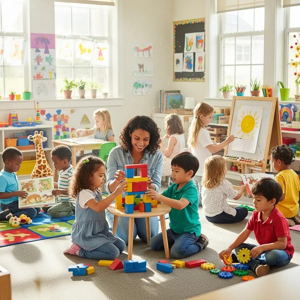 Children engaged in playful learning with colorful building blocks and educational activities in a bright classroom at Chroma Early Learning Academy, Jonesboro, GA.