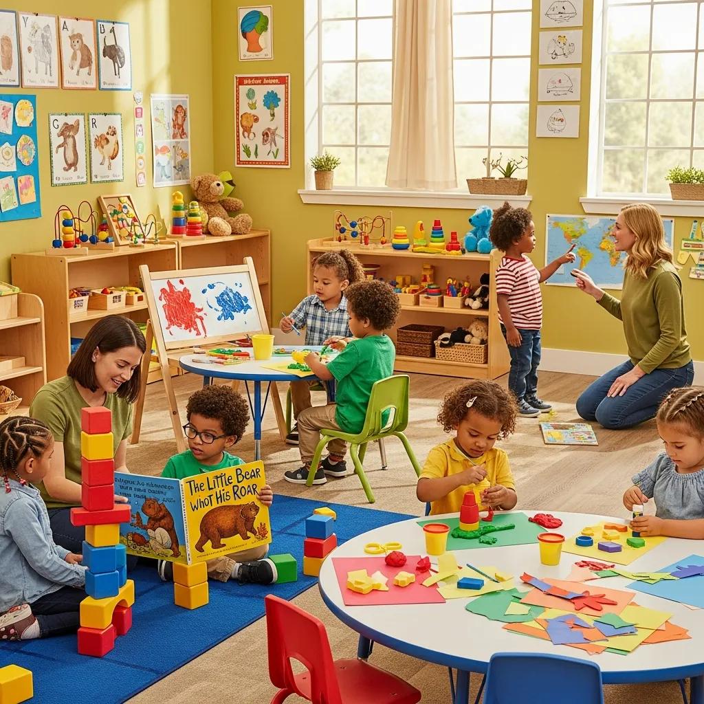 Children engaged in playful learning activities in a nurturing preschool environment at Chroma Early Learning Academy, showcasing blocks, art supplies, and educational materials.