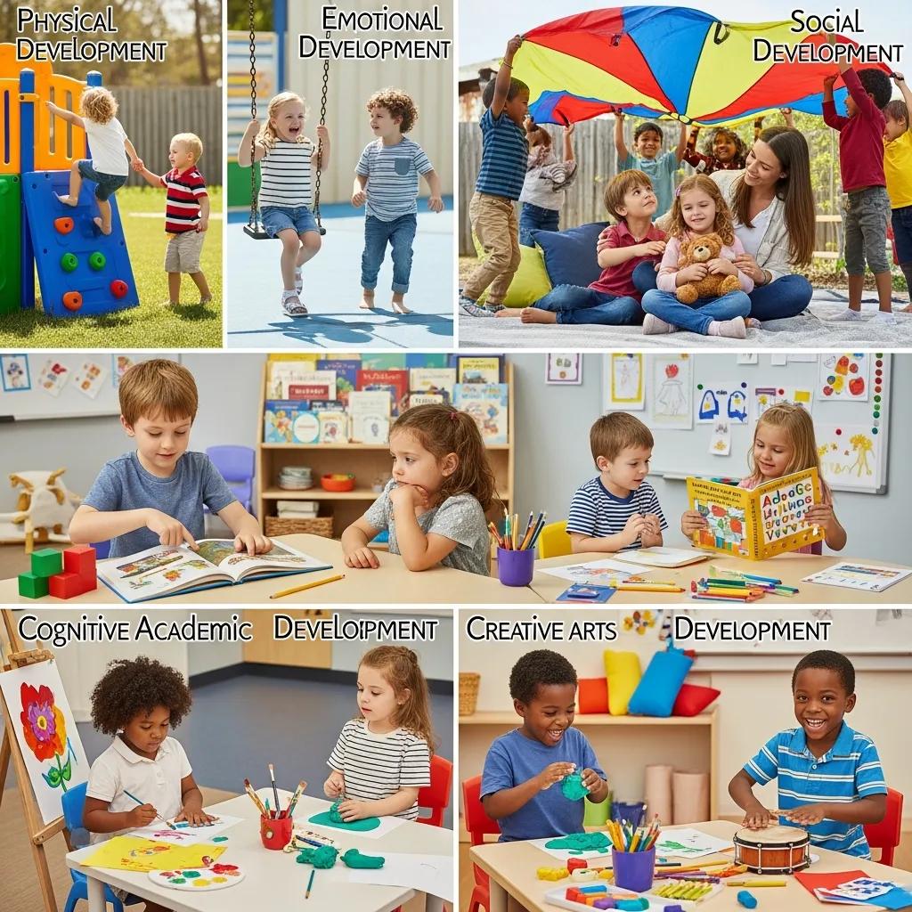 Children engaging in diverse activities representing the Prismpath™ curriculum's development pillars: physical, emotional, social, cognitive academic, and creative arts development, showcasing holistic early learning at Chroma Early Learning Academy.