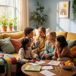Children engaging in supportive play, illustrating emotional resilience during family changes