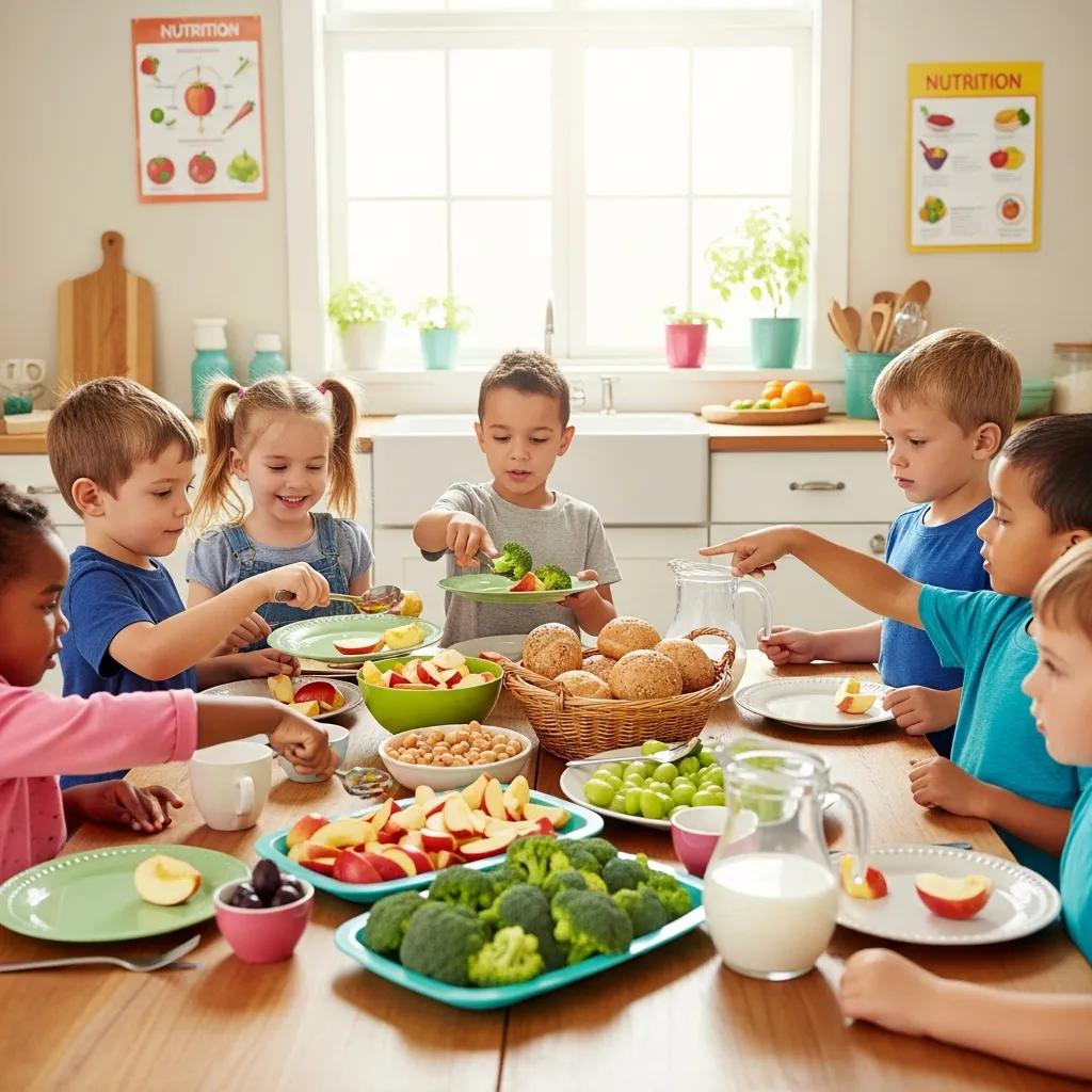 Children enjoying a nutritious meal in a preschool kitchen, highlighting healthy foods like fruits and vegetables, with a focus on safety and nutrition protocols at Chroma Academy.