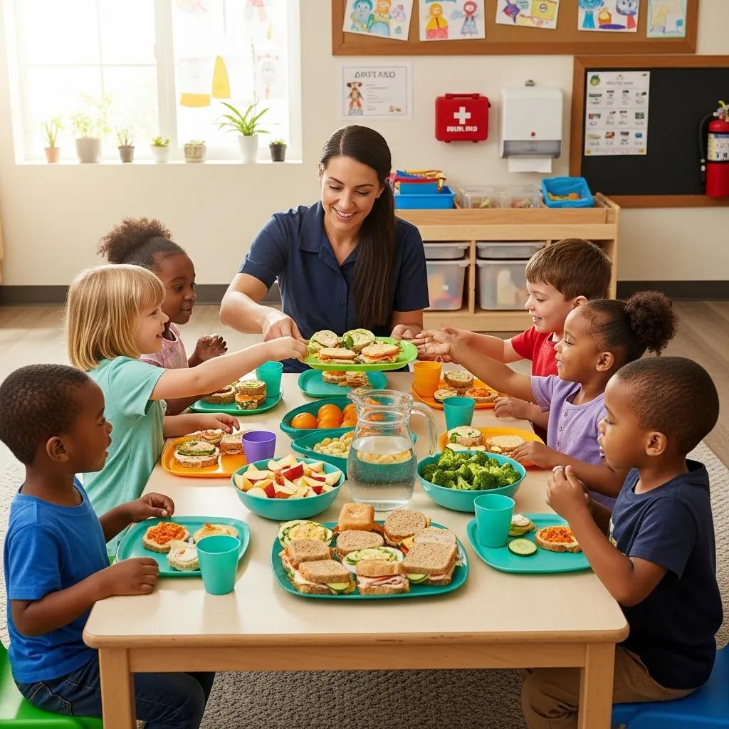 Children enjoying a nutritious meal with a caregiver in a safe, engaging classroom environment at Chroma Academy, emphasizing healthy eating and community.