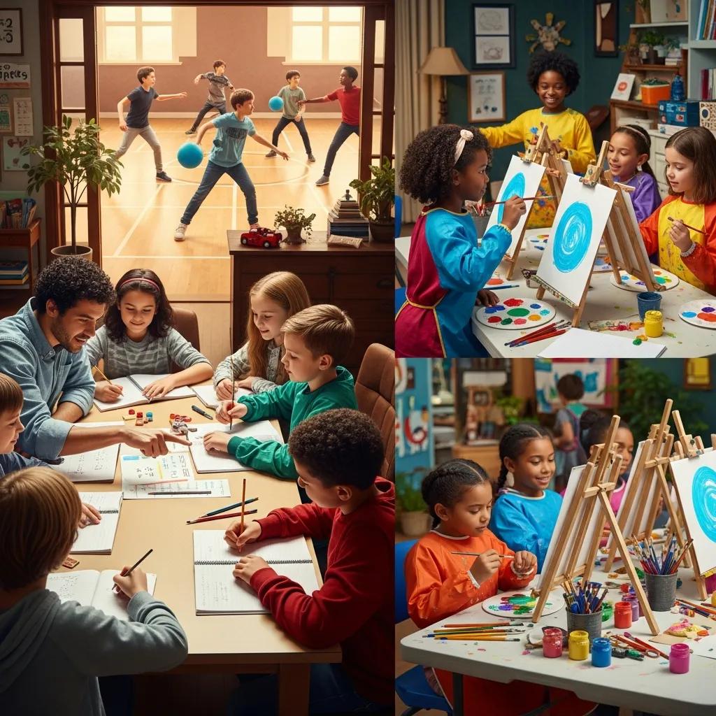 Children engaging in creative activities and homework help in after school programs at Chroma, featuring group art projects and physical play.