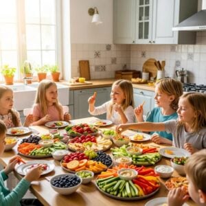 Children enjoying healthy foods in a cheerful kitchen setting