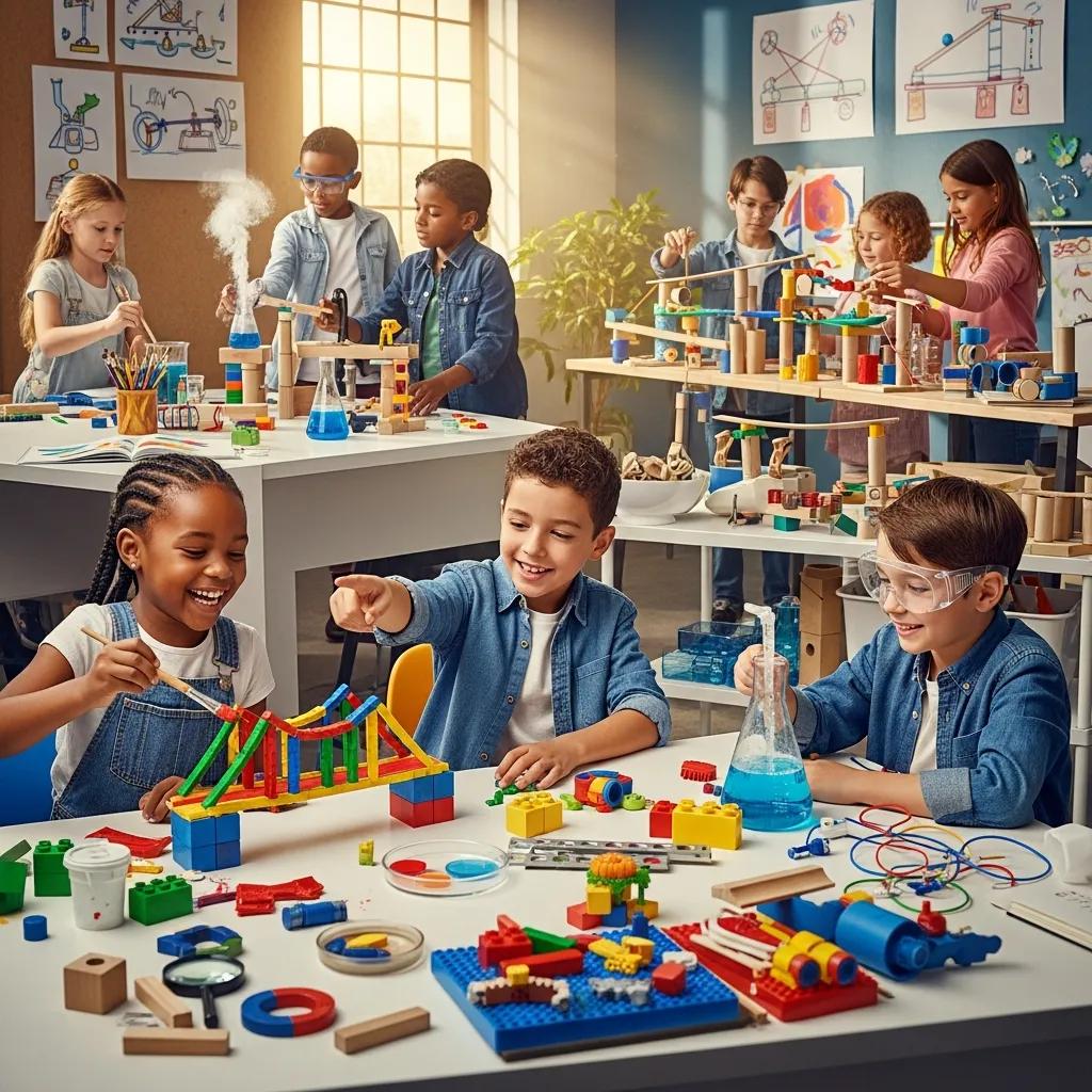 Children engaging in play-based STEAM activities, building structures with colorful blocks and experimenting with science tools, in a vibrant classroom setting that promotes creativity and collaboration.
