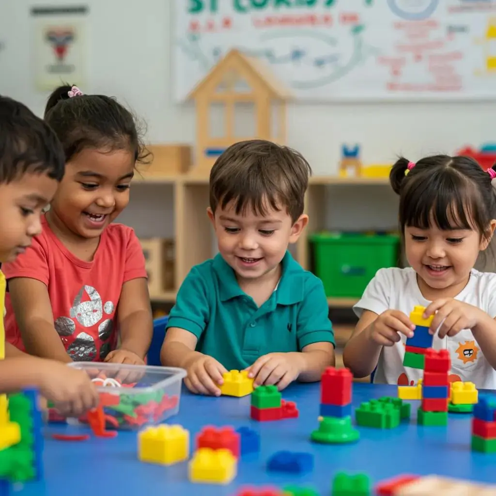 Children engaged in STEM activities with colorful building blocks in a vibrant learning environment, fostering curiosity and collaboration.