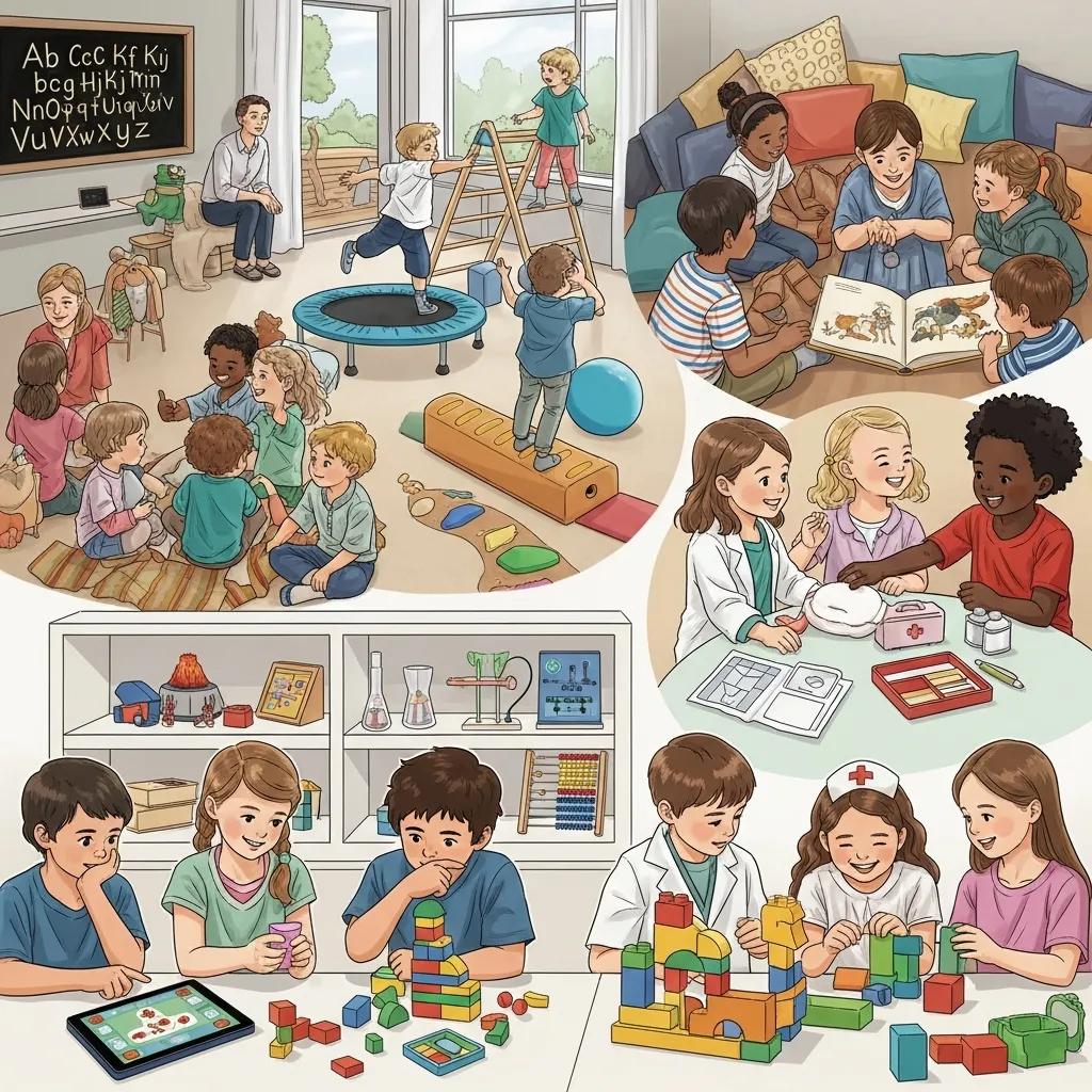 Children engaging in various activities that support the five development pillars of the Prismpath™ curriculum, including play, storytelling, and hands-on projects, in a vibrant early learning environment at Chroma Academy.