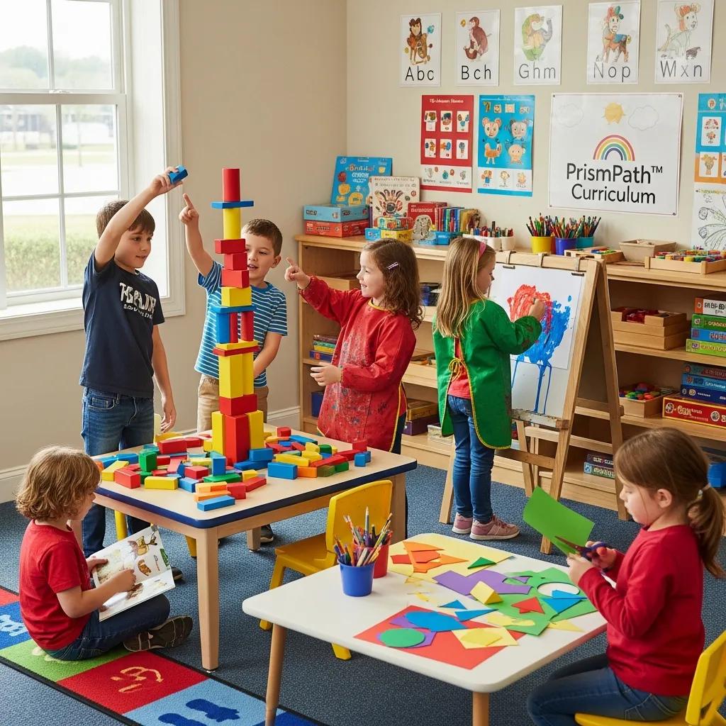 Children engaged in play-based learning activities, building with colorful blocks and creating art, showcasing the Prismpath™ curriculum at Chroma Early Learning Academy.