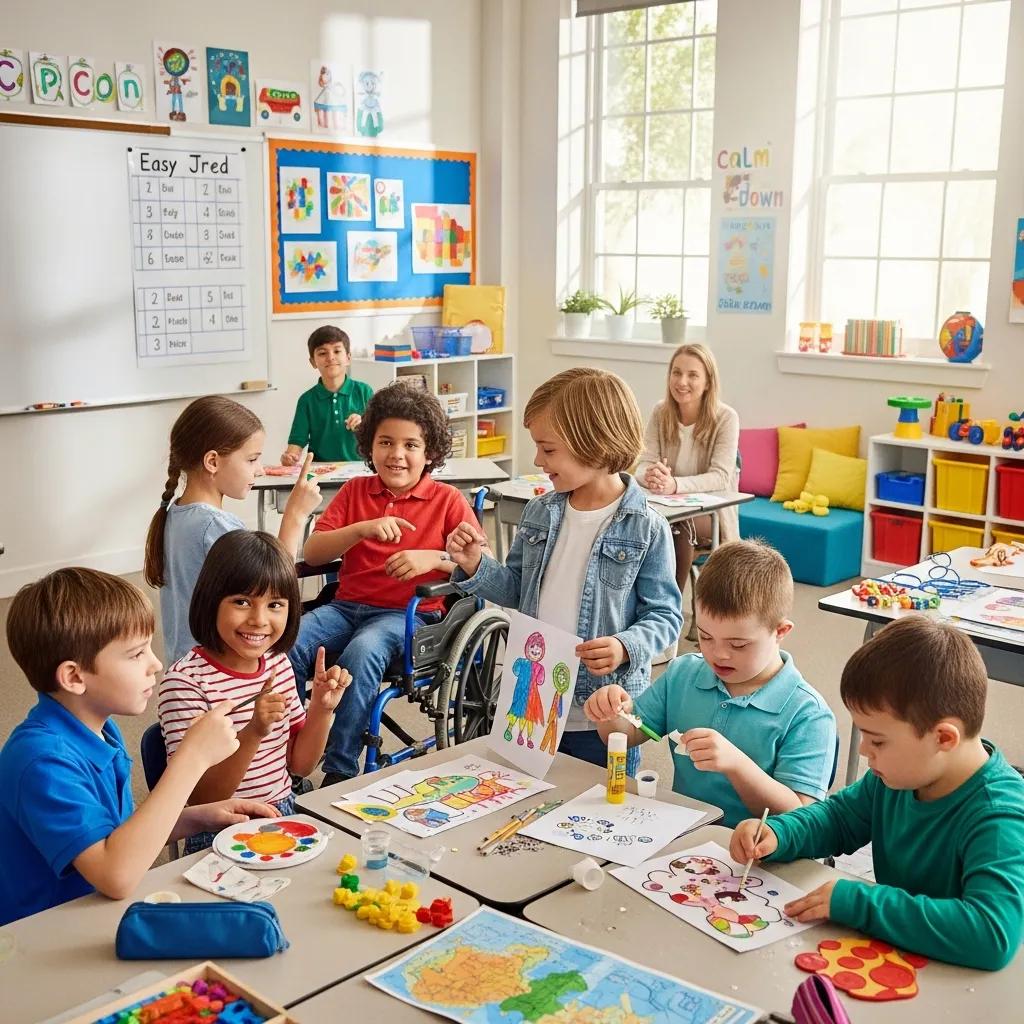 Children of various abilities collaborating in an inclusive classroom, engaging with supportive learning tools and art activities, promoting social interaction and teamwork.