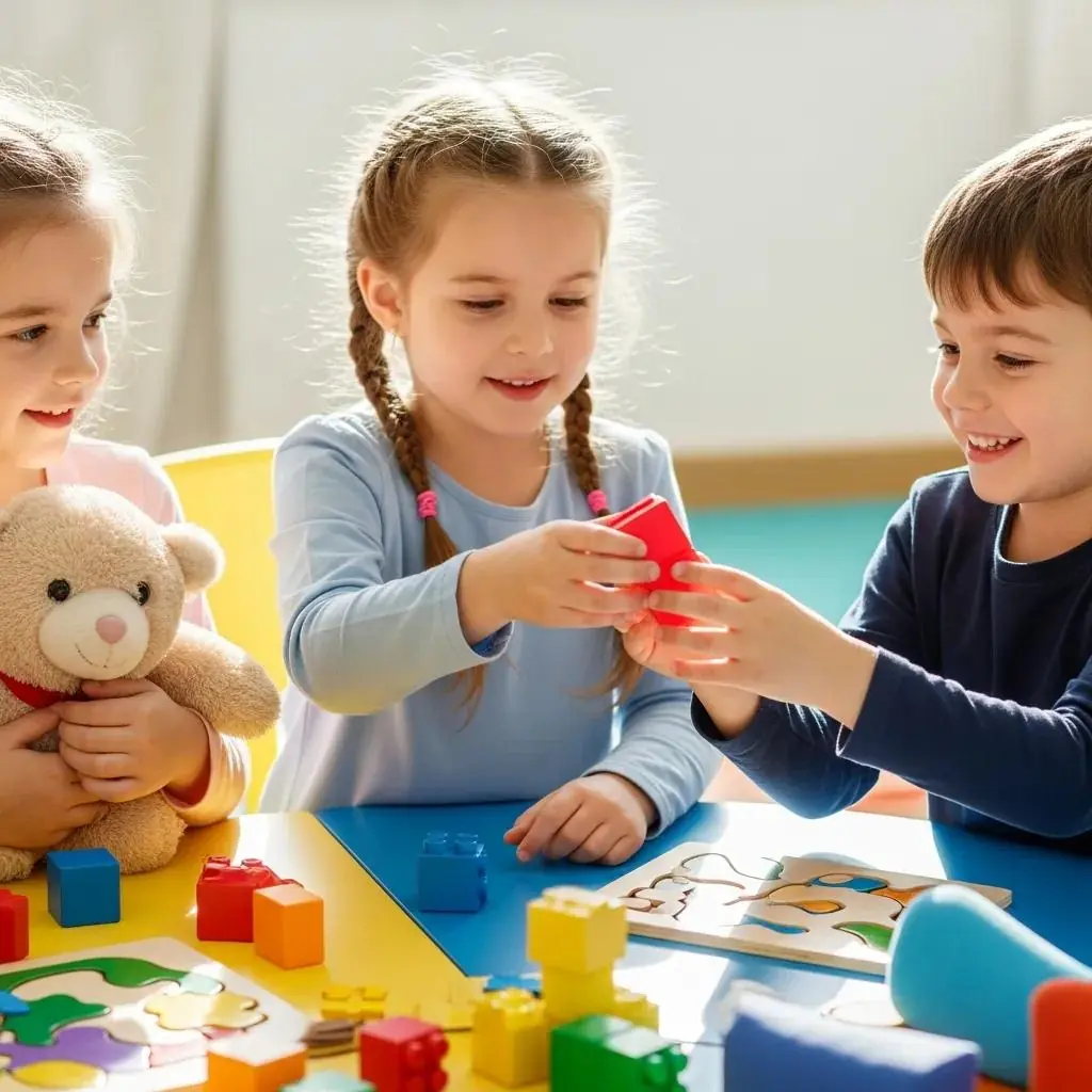 Children engaging in a group activity promoting social-emotional skills like sharing and cooperation, with toys and puzzles on a colorful table, fostering emotional readiness for kindergarten.