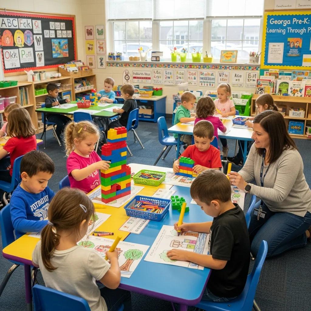 Children engaged in structured learning activities with building blocks and art supplies in a Georgia Pre-K classroom at Chroma Early Learning Academy, emphasizing early childhood development and educator guidance.