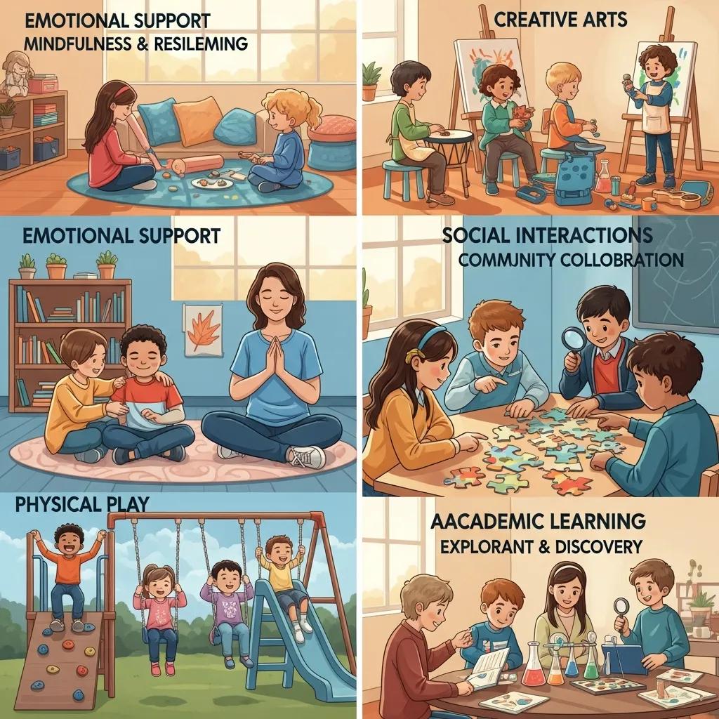 Children engaging in activities representing the five pillars of the Prismpath™ curriculum at Chroma Academy, including emotional support, creative arts, social interactions, physical play, and academic learning.