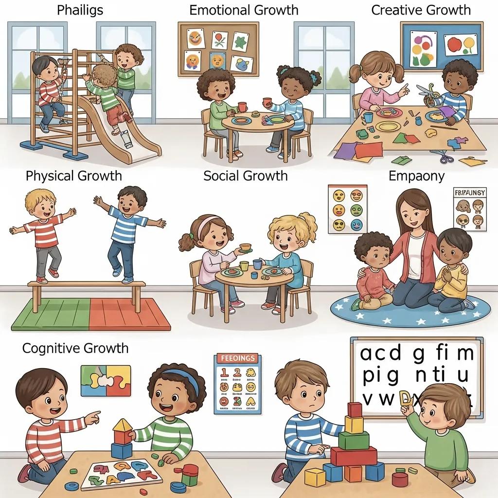 Niños participando en actividades que ilustran los cinco pilares del modelo de aprendizaje Prismpath™, incluyendo desarrollo físico, emocional, cognitivo, social y creativo, en un entorno educativo.