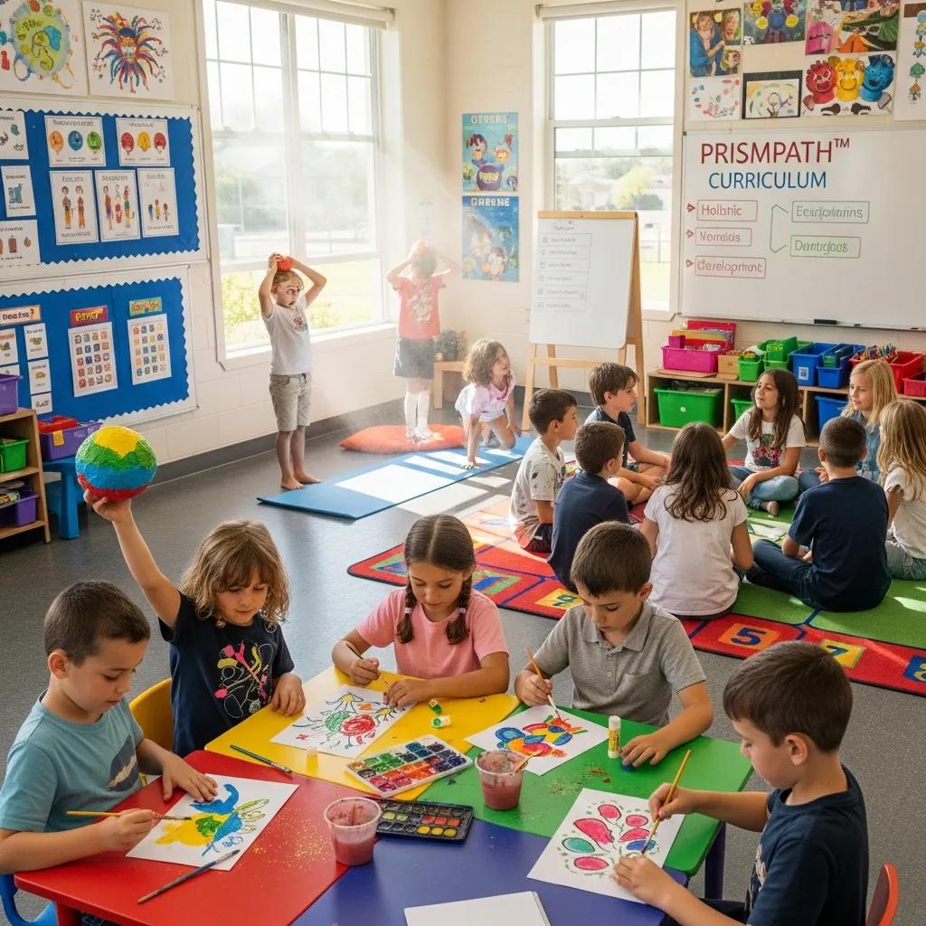 Children engaged in diverse activities promoting holistic development in a vibrant classroom, featuring the Prismpath™ curriculum, with art projects, collaboration, and social interaction.