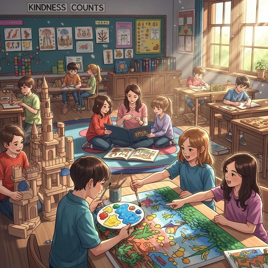 Children engaging in diverse activities, including reading, painting, and building, in a bright classroom environment that fosters holistic development and creativity.